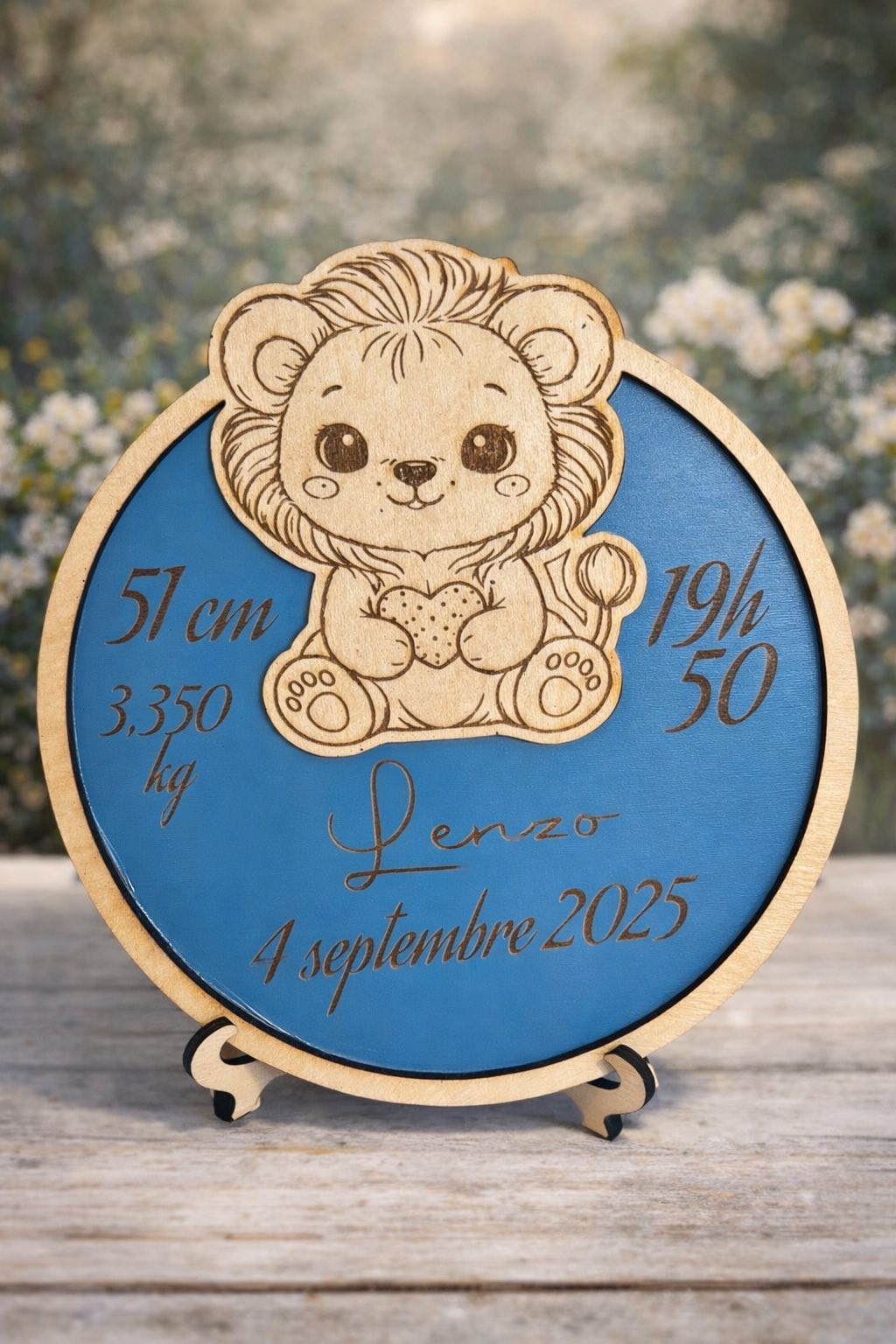 Plaque de naissance personnalisée en bois – Lion(ne)