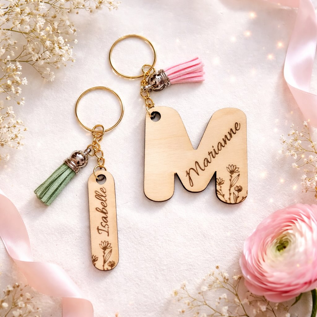 Porte-clé personnalisé lettre & prénom – Gravure sur bois