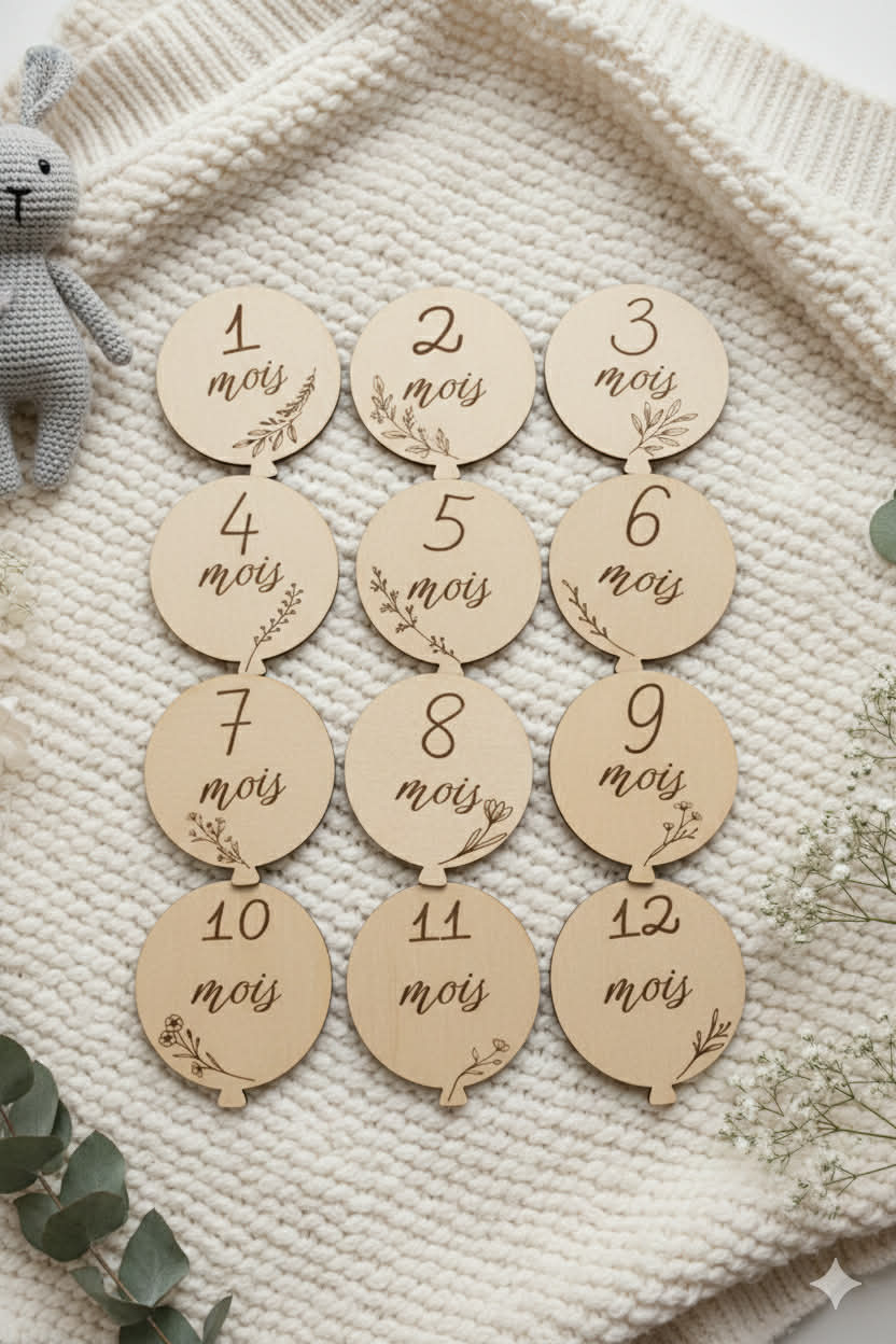 Cartes “12 mois bébé” en bois – Version ballon